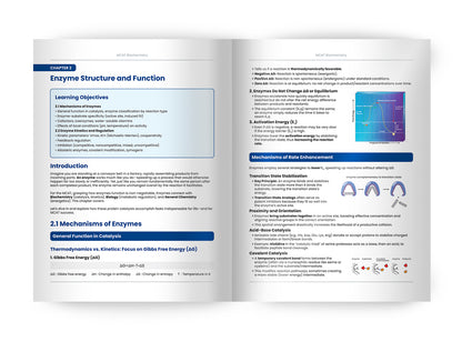 MCAT Simplified Book interior page showing MCAT Biochemistry content on enzyme structure and function with diagrams