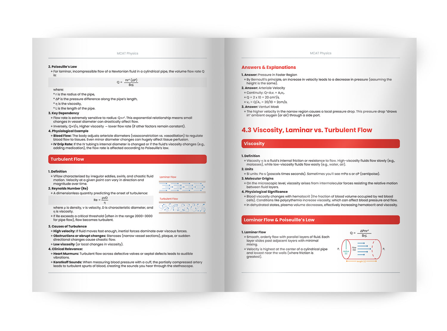 MCAT Simplified Book interior page showing MCAT Physics content on fluid dynamics and viscosity with diagrams