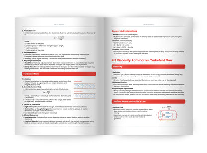 MCAT Simplified Book interior page showing MCAT Physics content on fluid dynamics and viscosity with diagrams